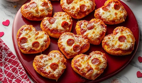 Fototapeta Mini heart shaped pizzas for a Valentine's day celebration. Ideas for a cookbook.