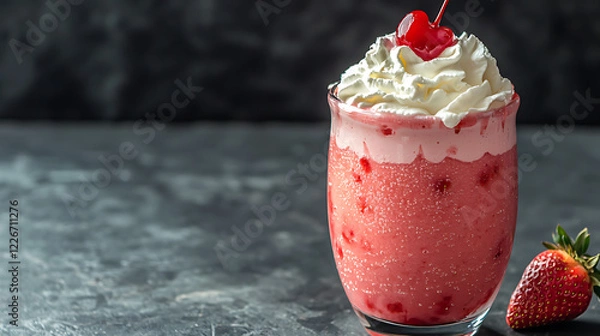 Fototapeta Delicious Strawberry Smoothie with Whipped Cream and Cherry Garnish