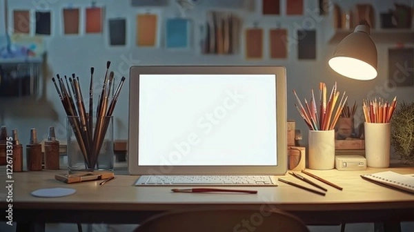 Fototapeta Bright Art Studio Workspace with Colorful Brushes and Warm Light