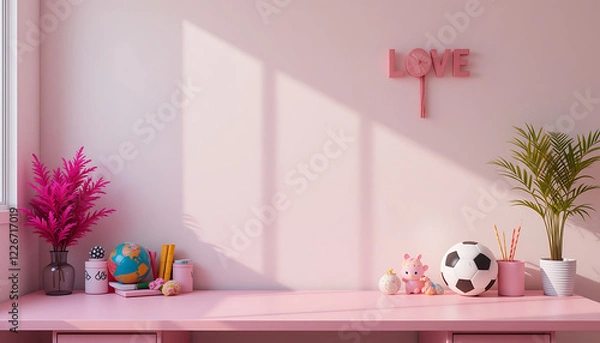 Fototapeta interior of a bedroom with empty wall isolated on pink background