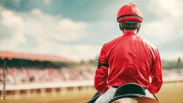 Fototapeta A man in a red uniform sits on a horse, looking toward a racetrack filled with spectators under a bright sky.