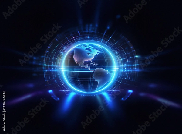 Fototapeta A glowing blue orb, a digital representation of Earth, encircled by radiant energy streams, symbolizes global connectivity and technological advancement.  The dark background enhances the futuristic f