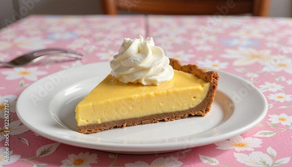 Fototapeta Slice of lemon pie with whipped cream on a floral tablecloth.