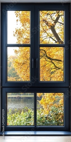 Fototapeta Beautiful Autumn Scene Framed by Modern Window with Golden Leaves