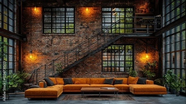 Fototapeta Loft interior with orange sofa and brick wall.