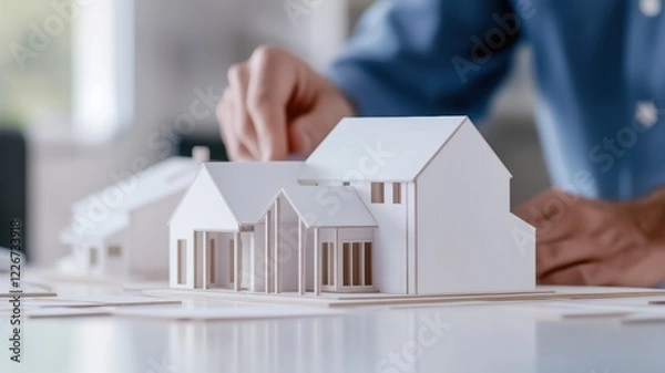 Fototapeta A person is meticulously working on a detailed architectural model of a house, showcasing creativity and precision in design.