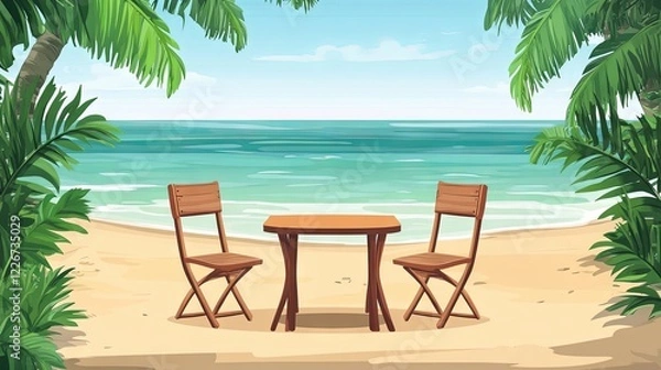 Fototapeta A table with two chairs set against a tropical beach backdrop, banner design