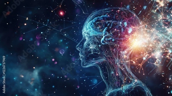 Fototapeta An abstract depiction of the human endocrine system with glowing hormonal pathways and interconnected glands set against a dark, cosmic background, Futuristic style
