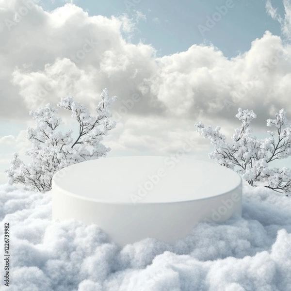 Fototapeta Soft White Platform Surrounded by Fluffy Clouds and Trees