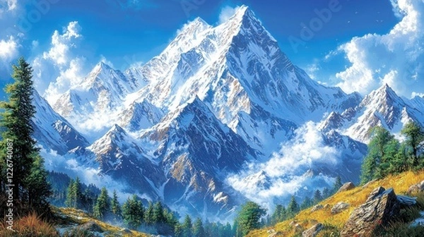 Fototapeta Majestic snow-capped mountain peak, clouds, trees.