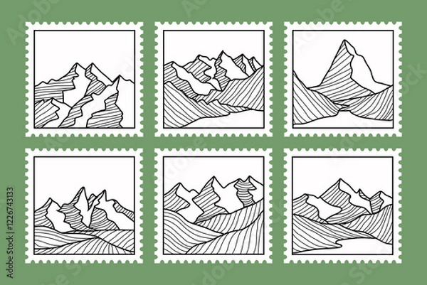 Fototapeta Set of stamp post mail retro with mountain line art vector illustration, postage sticker collection, etc