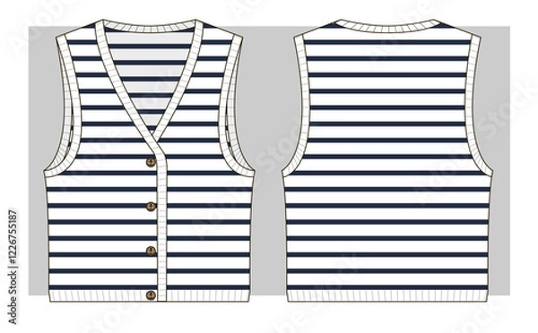 Obraz Knitted vest top with marine buttons and stripes. Technical sketch.