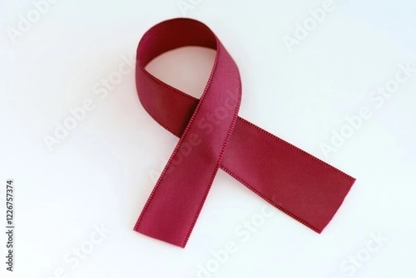 Fototapeta A single red ribbon lies flat on a white surface
