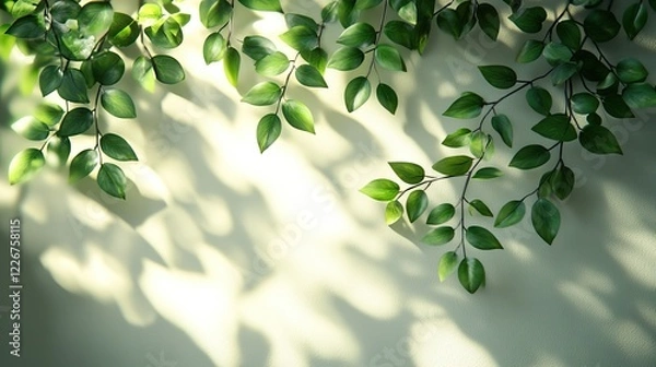 Fototapeta Blurred overlay effect for photo, organic drop shadow and dappled light on a white wall. Abstract neutral nature concept background for design.