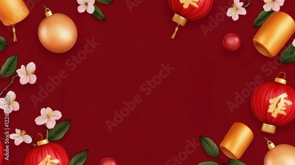 Fototapeta Festive chinese new year border with red lanterns and gold decor on red background