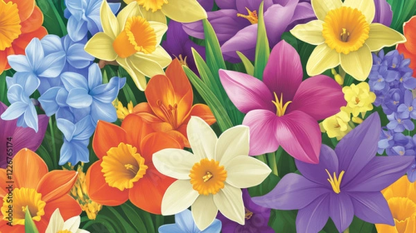 Fototapeta Spring party banner with Springtime flower. Blooming flower of daffodil, crocus and calla lily, azalea and delphinium festive floral poster for Mother Day and Spring Holiday celebration design