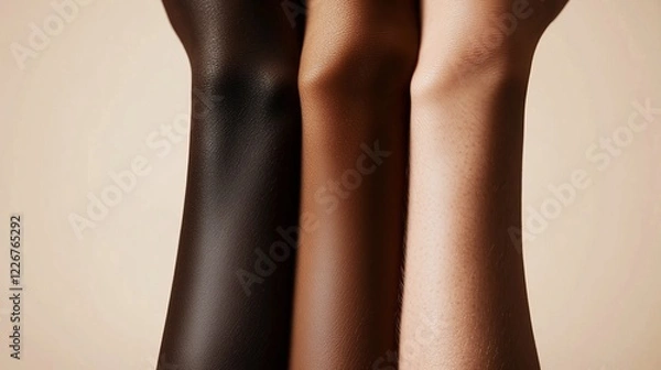 Fototapeta Three raised arms showcasing diverse skin tones symbolize unity, inclusivity, and equality against a neutral background.