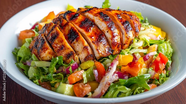 Fototapeta A white bowl filled with grilled chicken salad and fresh vegetables. The chicken is cut into strips and has a glossy, caramelized appearance. 

