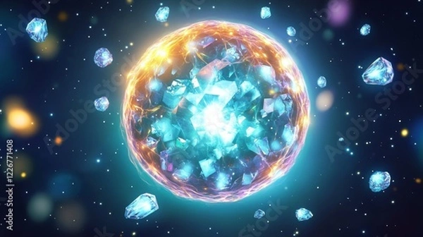 Fototapeta A spherical nebula with floating shards of glowing crystals orbiting it. 