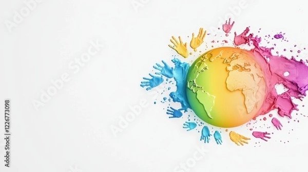 Fototapeta Colourful Silhouette Group Diversity Colorful handprints forming a globe, symbolizing global diversity and inclusion, white background