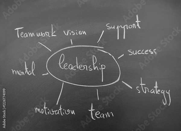 Fototapeta Leadership and its essential elements of teamwork, vision, motivation, support, strategy, and success visualized on a chalkboard