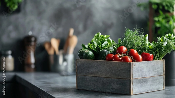 Obraz Fresh Vegetables in Wooden Box on Gray Kitchen Surface