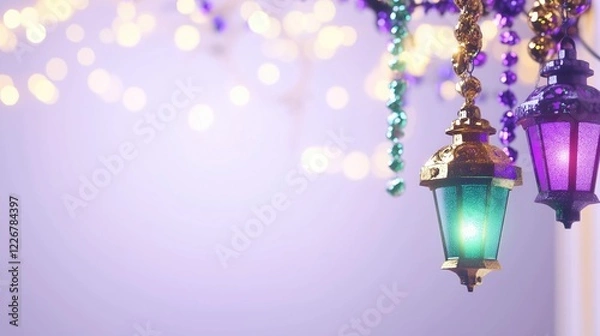 Fototapeta Colorful hanging lanterns in shades of green and purple, along with glittering bead strands, set against a soft, blurred background of twinkling lights, Mardi Gras theme. 