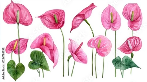 Fototapeta Watercolor clipart set of Pink Anthurium flower 
