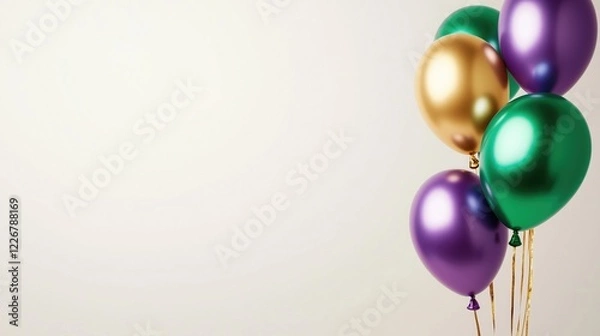 Fototapeta A vibrant cluster of Mardi Gras - colored balloons in gold, purple, and green, tied together with golden strings, set against a clean, light - colored background. 
