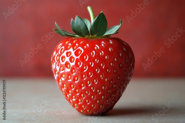 Obraz A Single Red Strawberry Against A Red Background