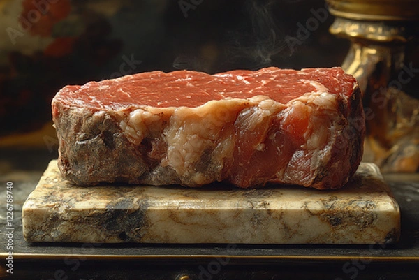 Obraz A Thick Cut Of Raw Beef Resting On Marble