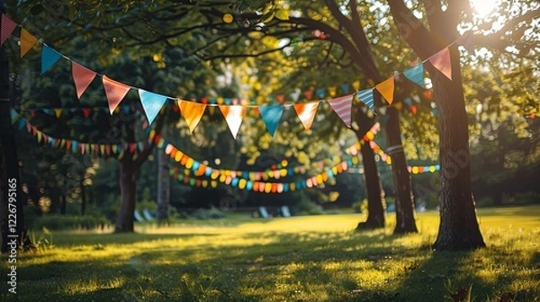 Obraz Festive bunting hangs between trees in a park