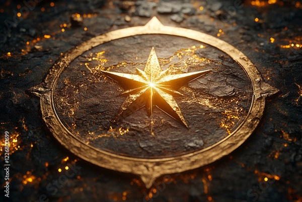 Obraz Golden Compass Star Emblazoned on Dark Stone