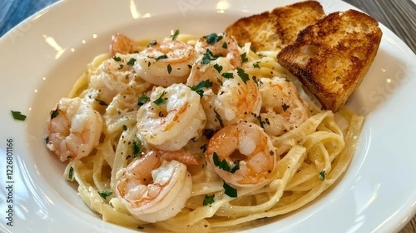 Fototapeta A delectable plate of shrimp scampi with garlic, white wine, and parsley