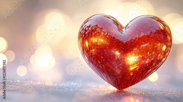 Fototapeta Heart shaped object made of red material placed on a wooden table surface