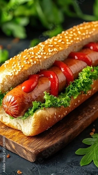 Fototapeta Delicious hotdog with ketchup and lettuce on a wooden board ready to be enjoyed close up view