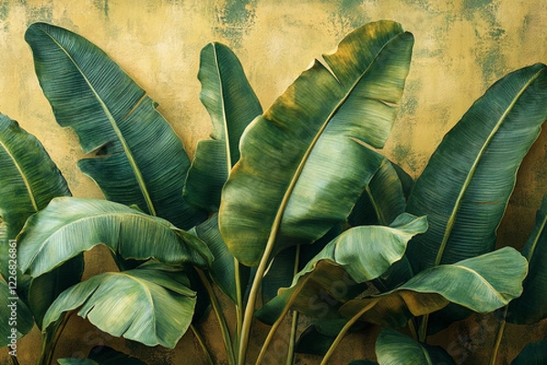 Obraz Lush Green Banana Leaves Against A Yellow Wall