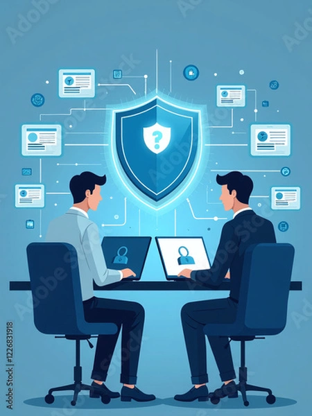 Fototapeta Businessmen Use Laptops To Access Databases Through Digital Identification Cards, Enhancing Cybersecurity With Virtual Screens And Digital Identities. 00001