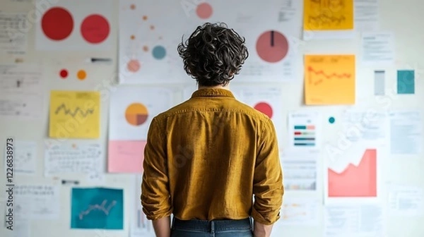 Fototapeta businessman examines various data charts and graphs with strategizing his next move for scene is set in an office innovation strategy planning business marketing financial concept.