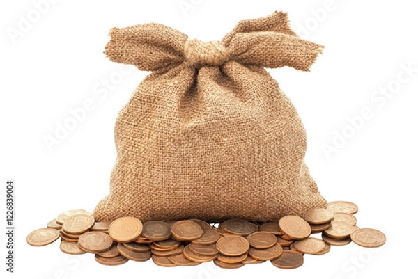 Fototapeta Isolated Burlap Money Sack with Scattered Coins, Vintage Finance