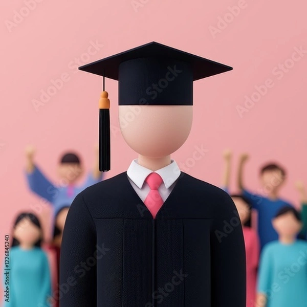 Fototapeta Student memories of graduation ceremony concept. Graduate wearing cap and gown with cheering crowd in background.