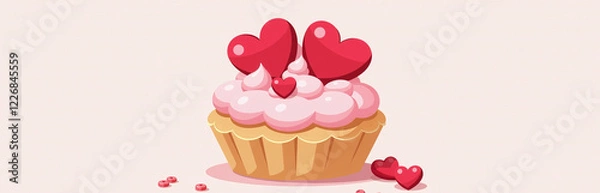 Fototapeta A Cupcake Or Tartlet With Pink Meringue Cream Is Decorated With Two Big Red Hearts And Small Heart Shape Candies. 00002