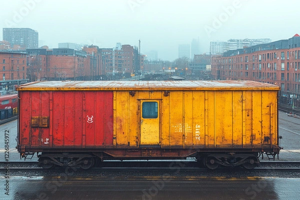 Obraz Red and yellow train cargo container in urban setting