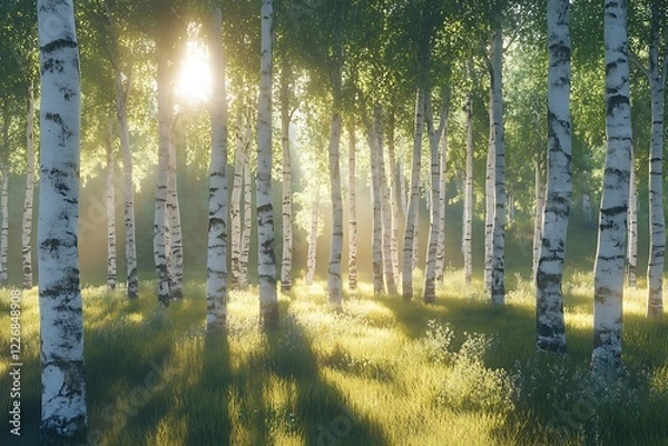 Fototapeta a birch forest with sun light