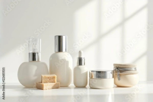 Fototapeta Minimalist Beauty Products. Collection of white cosmetic bottles and containers with soap bars in elegant composition on white surface.