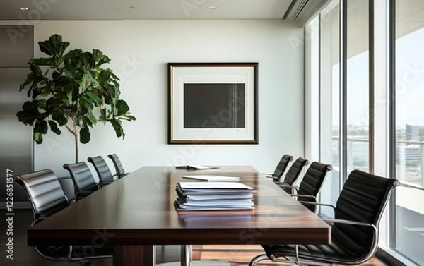 Fototapeta An elegant corporate meeting room featuring a dark wood conference table, modern ergonomic chairs, and a stack of business reports. 