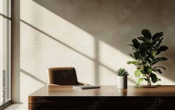 Fototapeta An executive workspace with a glossy mahogany desk, a sleek tablet, and a small succulent in a modern pot. 