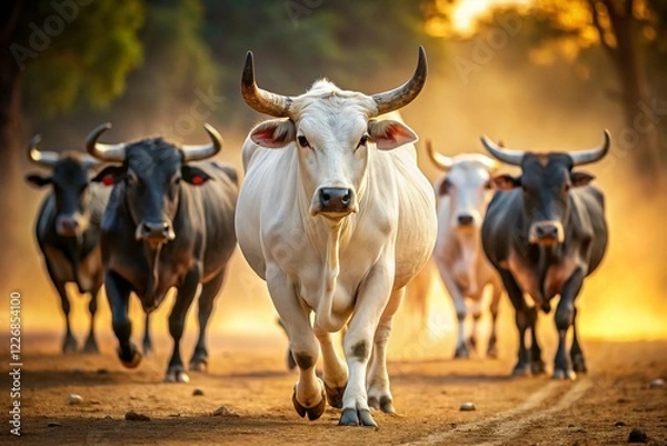 Fototapeta White Bull, Black Bull, Running Bull, Walking Bull - High Depth of Field AI Photo
