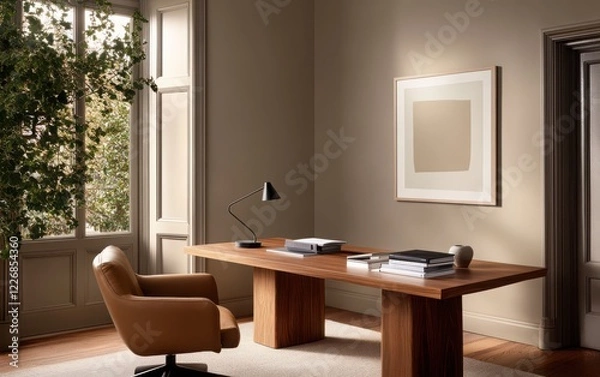 Fototapeta Refined private office with a minimalist wooden desk, a comfortable leather chair, and a curated set of business books. 