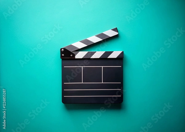 Fototapeta White Clapperboard on Turquoise Background - Filmmaking Concept